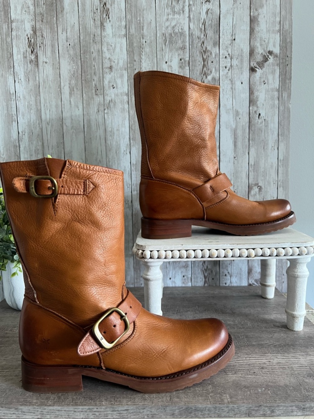 Frye Veronica Shortie Whiskey Brown Leather Harness Ankle Boots Slouchy Size 7